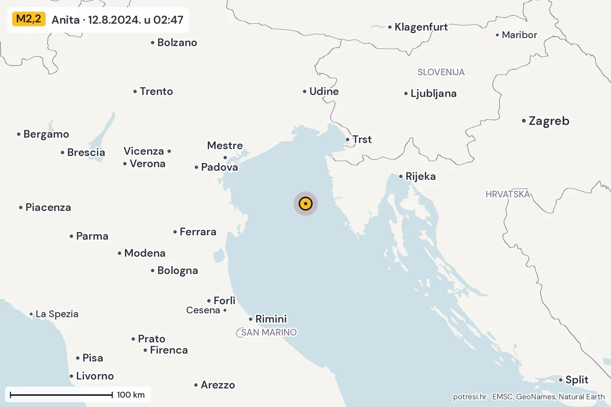 Karta: šire područje, 600 km, potres M2,2, Anita, 12.8.2024.