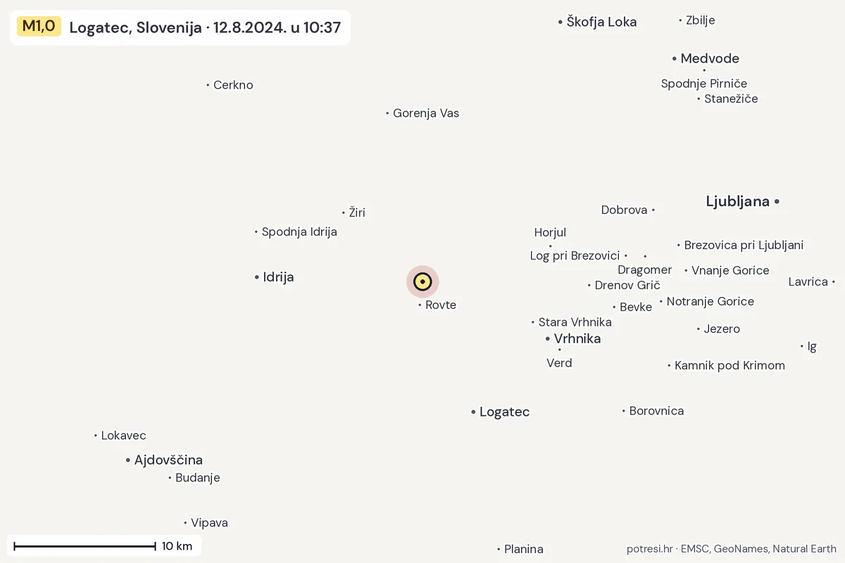 Karta: okolica epicentra, 60 km, potres M1,0, Logatec, Slovenija, 12.8.2024.
