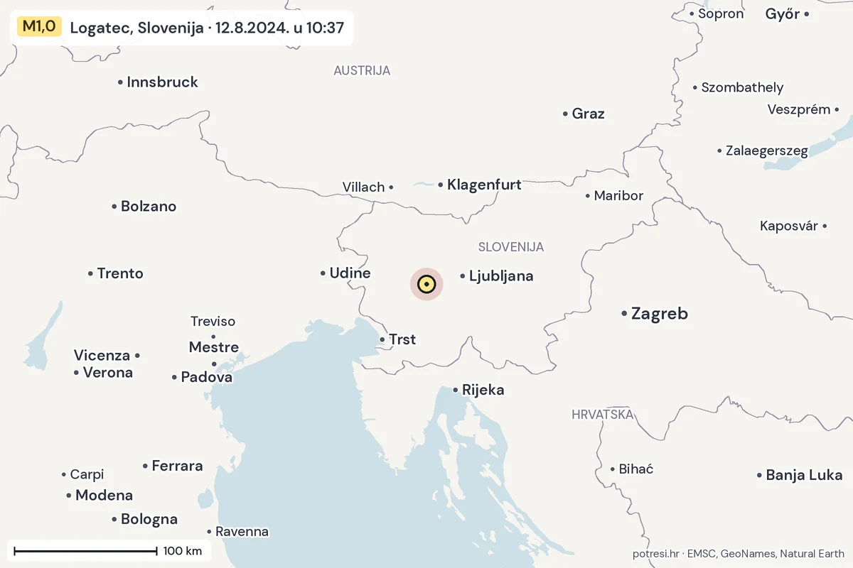 Karta: šire područje, 600 km, potres M1,0, Logatec, Slovenija, 12.8.2024.