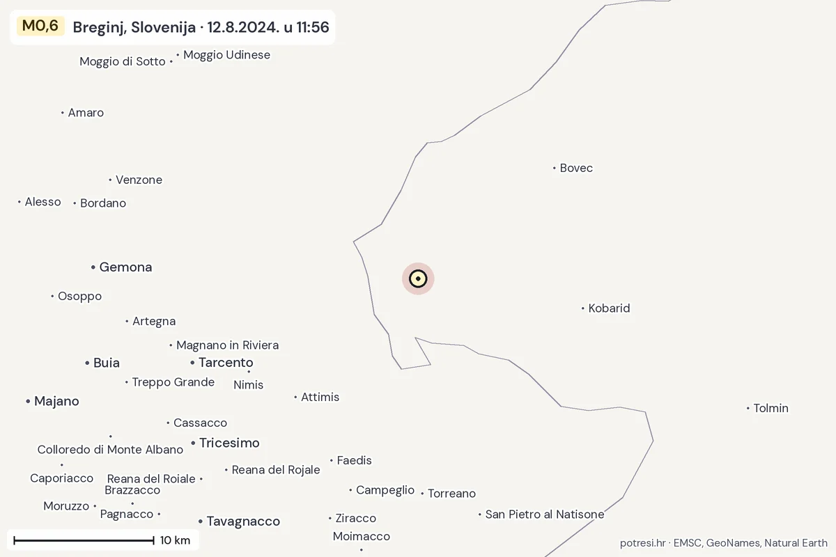 Karta: okolica epicentra, 60 km, potres M0,6, Breginj, Slovenija, 12.8.2024.