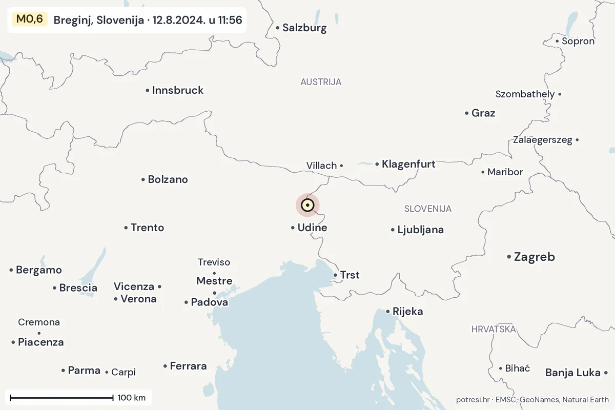 Karta: šire područje, 600 km, potres M0,6, Breginj, Slovenija, 12.8.2024.