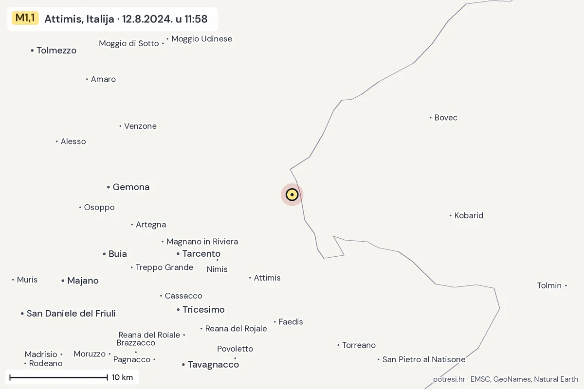 Karta: okolica epicentra, 60 km, potres M1,1, Attimis, Italija, 12.8.2024.