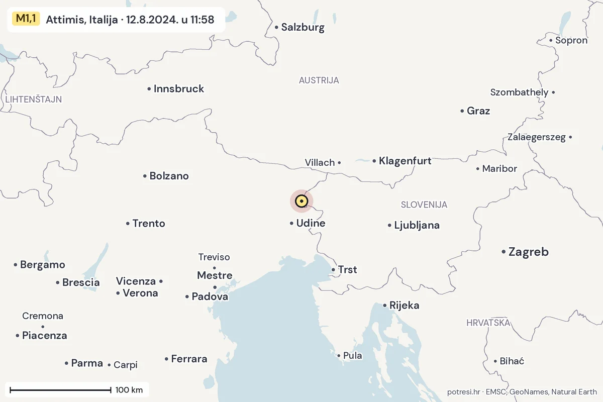 Karta: šire područje, 600 km, potres M1,1, Attimis, Italija, 12.8.2024.