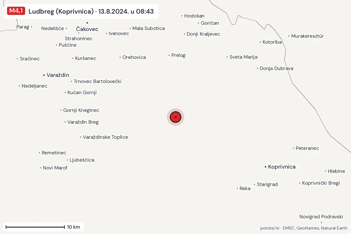 Karta: okolica epicentra, 60 km, potres M4,1, Ludbreg (Koprivnica), 13.8.2024.