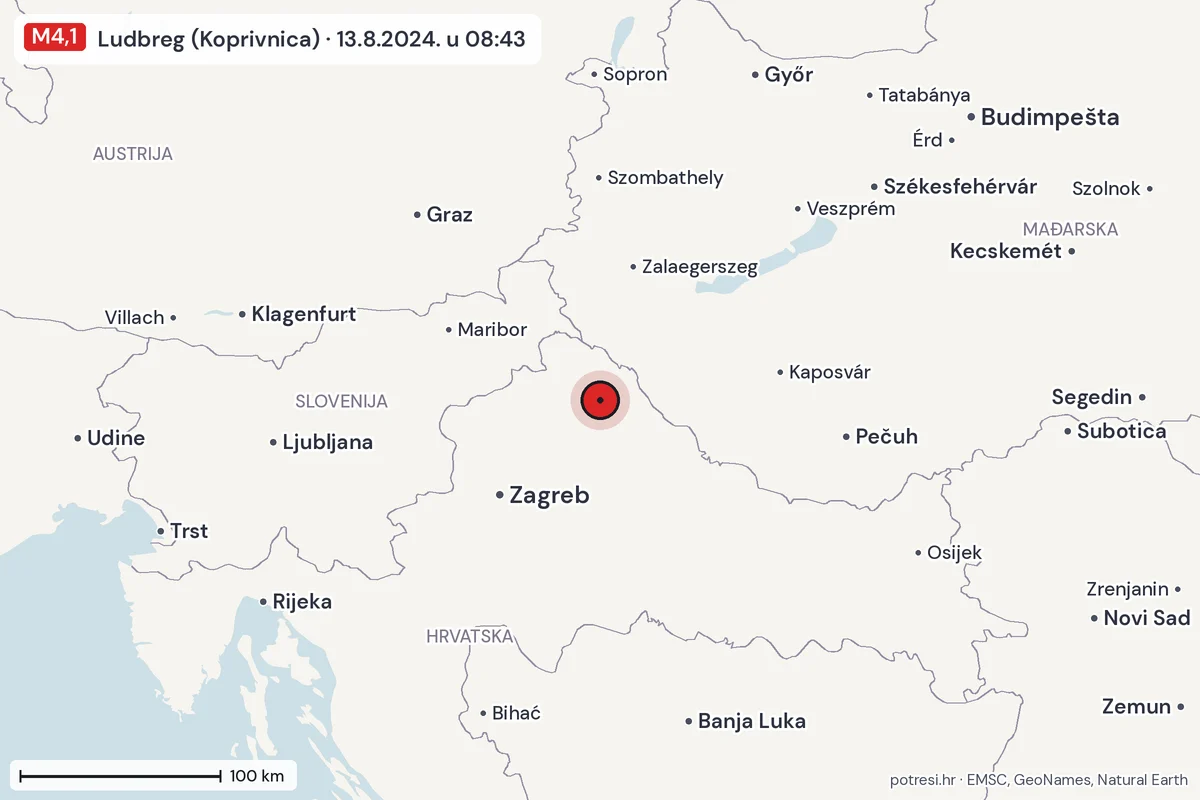 Karta: šire područje, 600 km, potres M4,1, Ludbreg (Koprivnica), 13.8.2024.