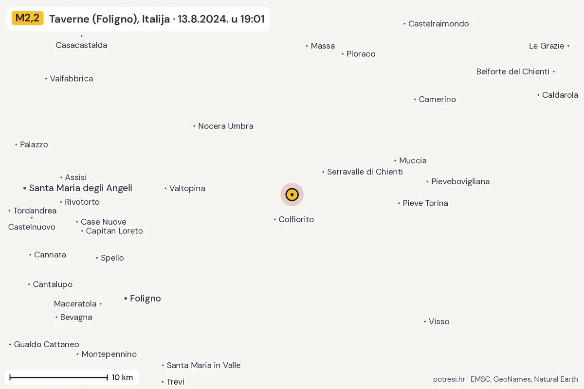 Karta: okolica epicentra, 60 km, potres M2,2, Taverne (Foligno), Italija, 13.8.2024.