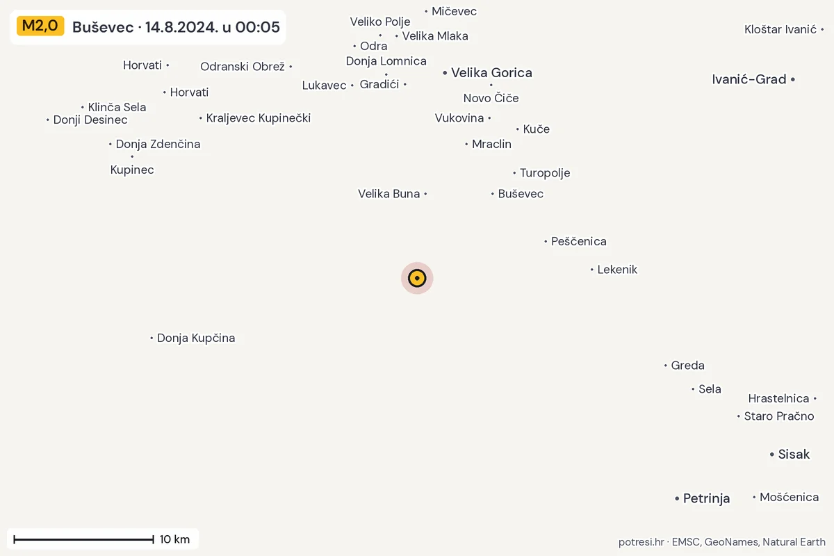 Karta: okolica epicentra, 60 km, potres M2,0, Buševec, 14.8.2024.
