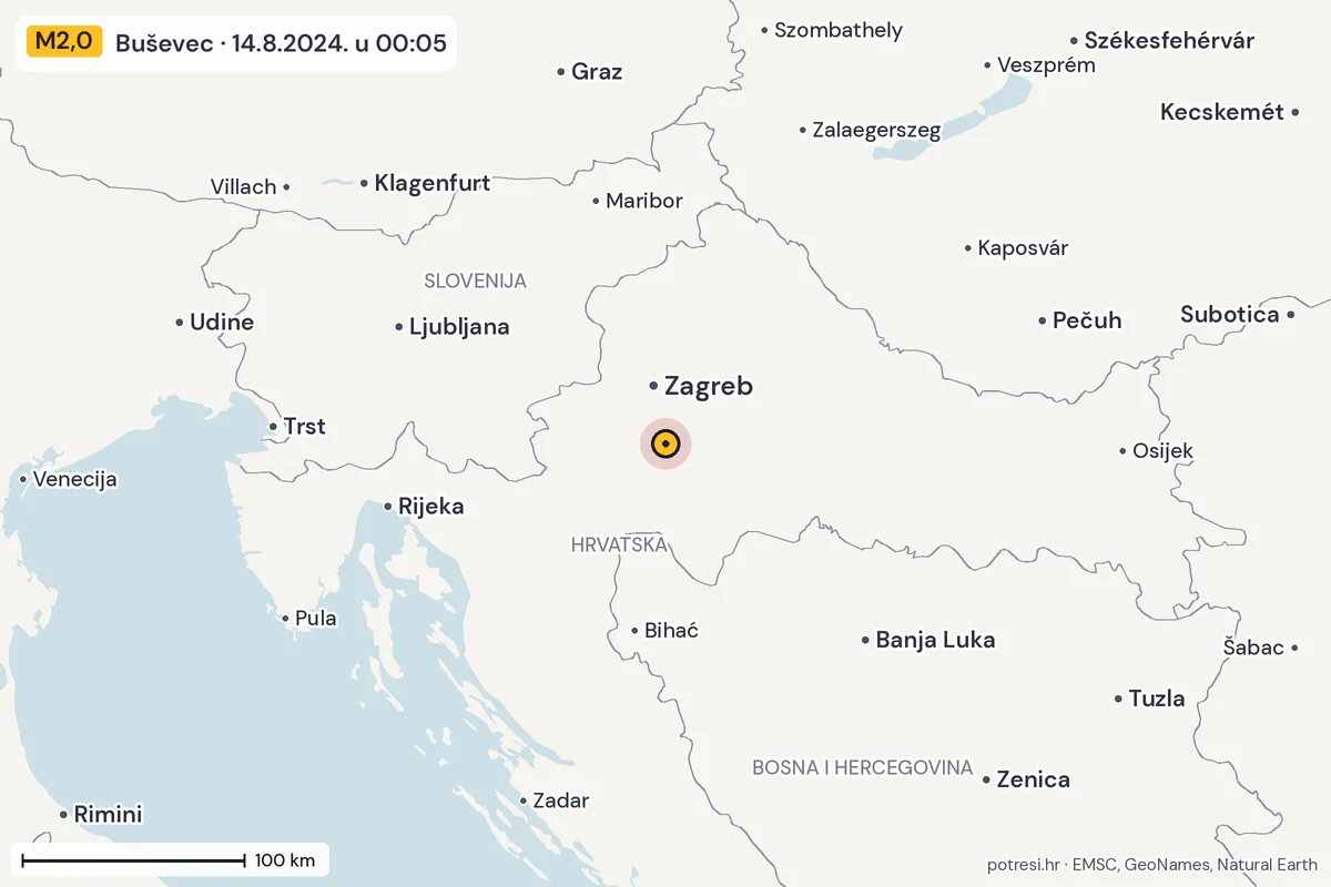 Karta: šire područje, 600 km, potres M2,0, Buševec, 14.8.2024.