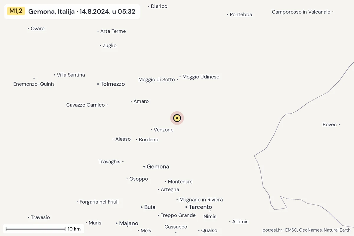 Karta: okolica epicentra, 60 km, potres M1,2, Gemona, Italija, 14.8.2024.