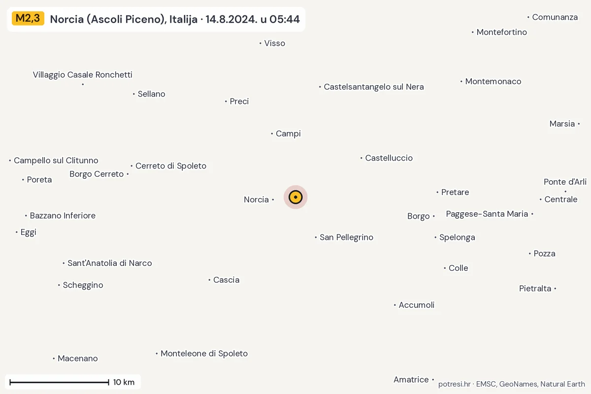 Karta: okolica epicentra, 60 km, potres M2,3, Norcia (Ascoli Piceno), Italija, 14.8.2024.