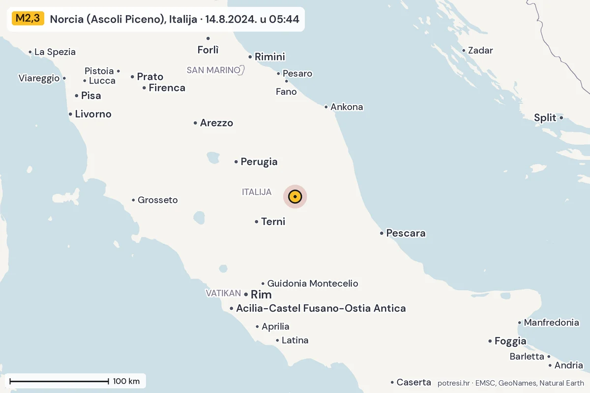 Karta: šire područje, 600 km, potres M2,3, Norcia (Ascoli Piceno), Italija, 14.8.2024.
