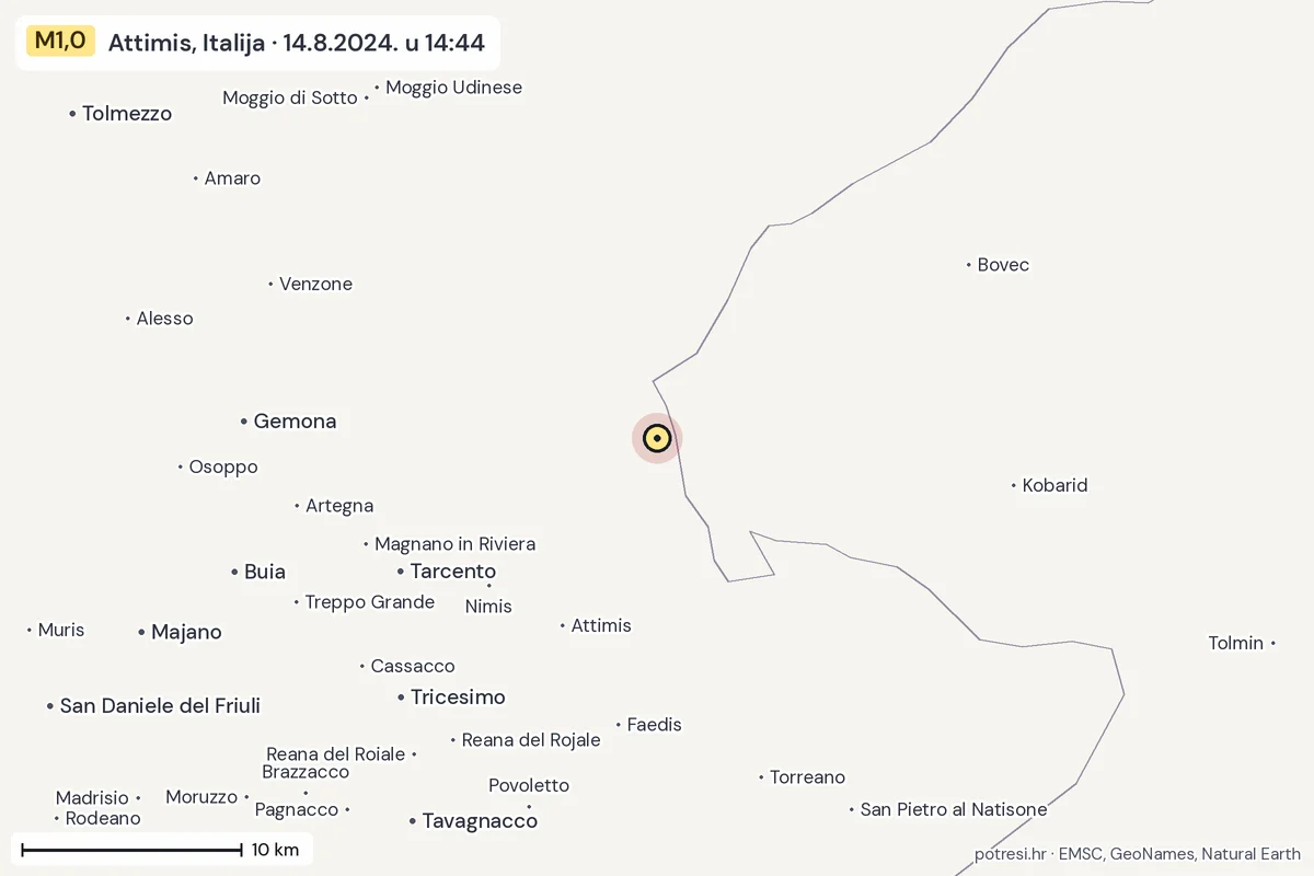 Karta: okolica epicentra, 60 km, potres M1,0, Attimis, Italija, 14.8.2024.