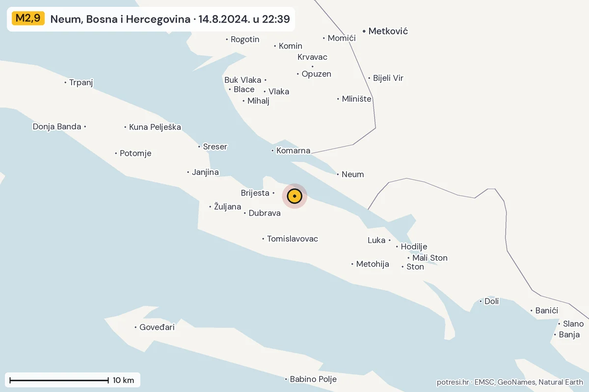 Karta: okolica epicentra, 60 km, potres M2,9, Neum, Bosna i Hercegovina, 14.8.2024.