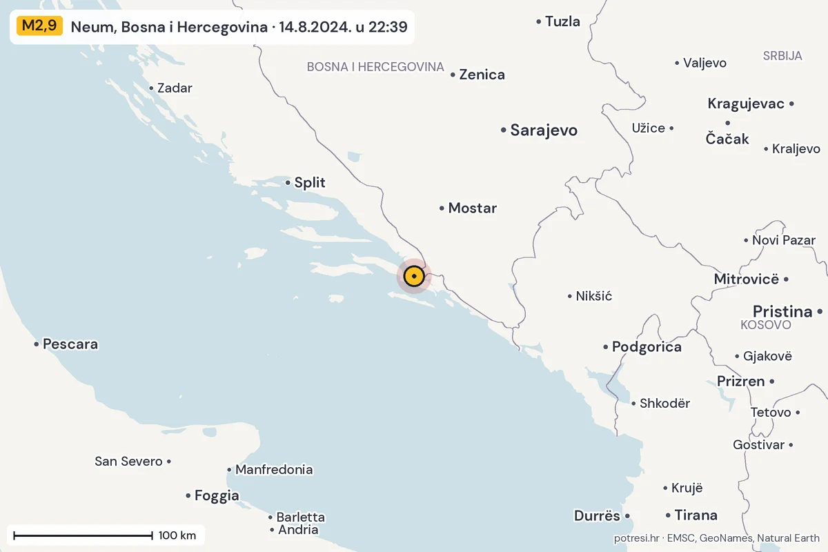 Karta: šire područje, 600 km, potres M2,9, Neum, Bosna i Hercegovina, 14.8.2024.
