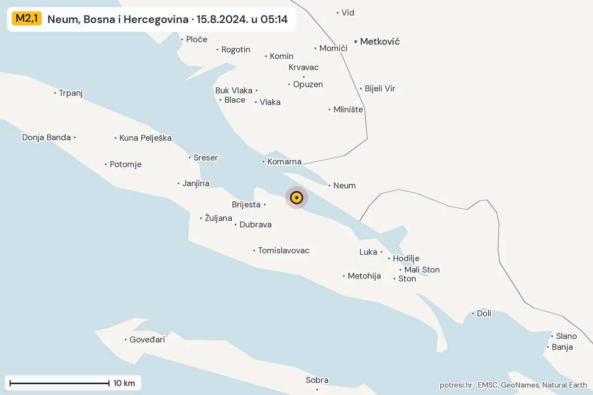 Karta: okolica epicentra, 60 km, potres M2,1, Neum, Bosna i Hercegovina, 15.8.2024.