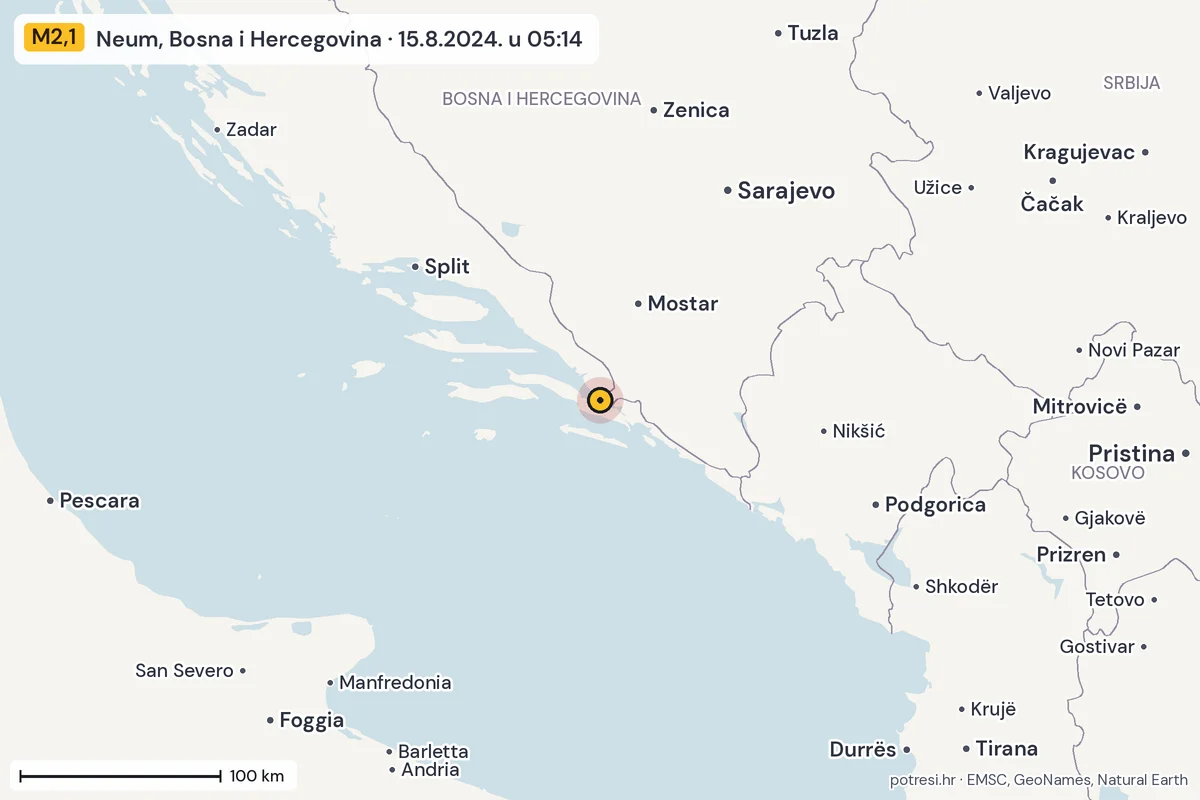 Karta: šire područje, 600 km, potres M2,1, Neum, Bosna i Hercegovina, 15.8.2024.