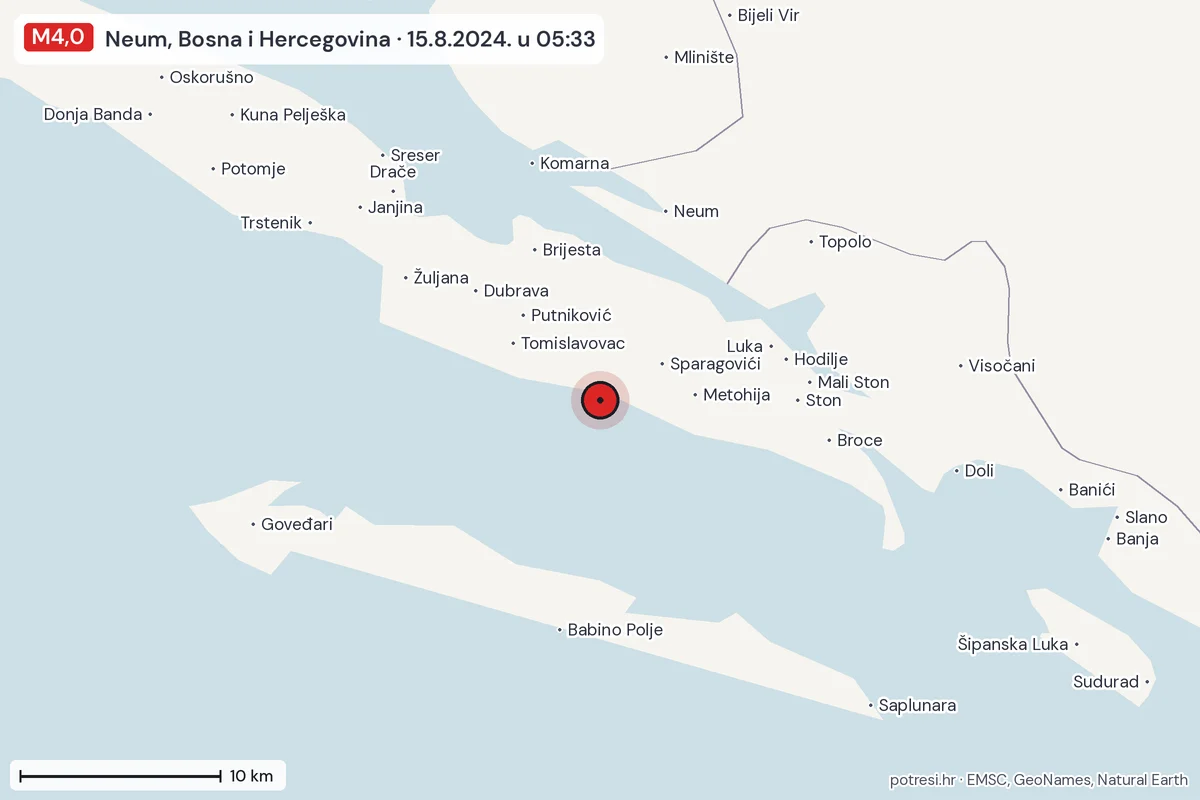 Karta: okolica epicentra, 60 km, potres M4,0, Neum, Bosna i Hercegovina, 15.8.2024.