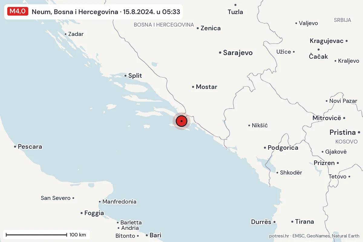 Karta: šire područje, 600 km, potres M4,0, Neum, Bosna i Hercegovina, 15.8.2024.