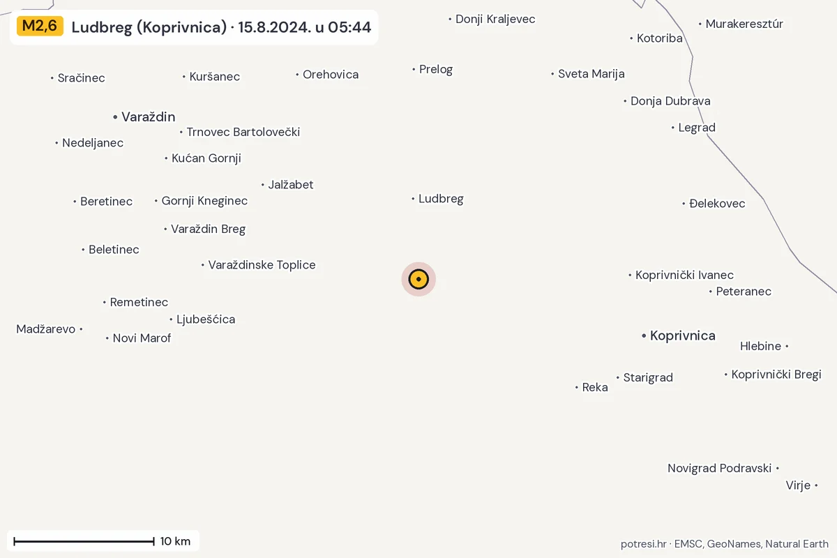 Karta: okolica epicentra, 60 km, potres M2,6, Ludbreg (Koprivnica), 15.8.2024.