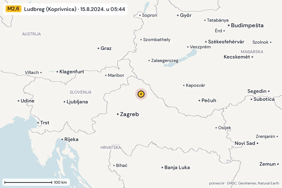 Karta: šire područje, 600 km, potres M2,6, Ludbreg (Koprivnica), 15.8.2024.
