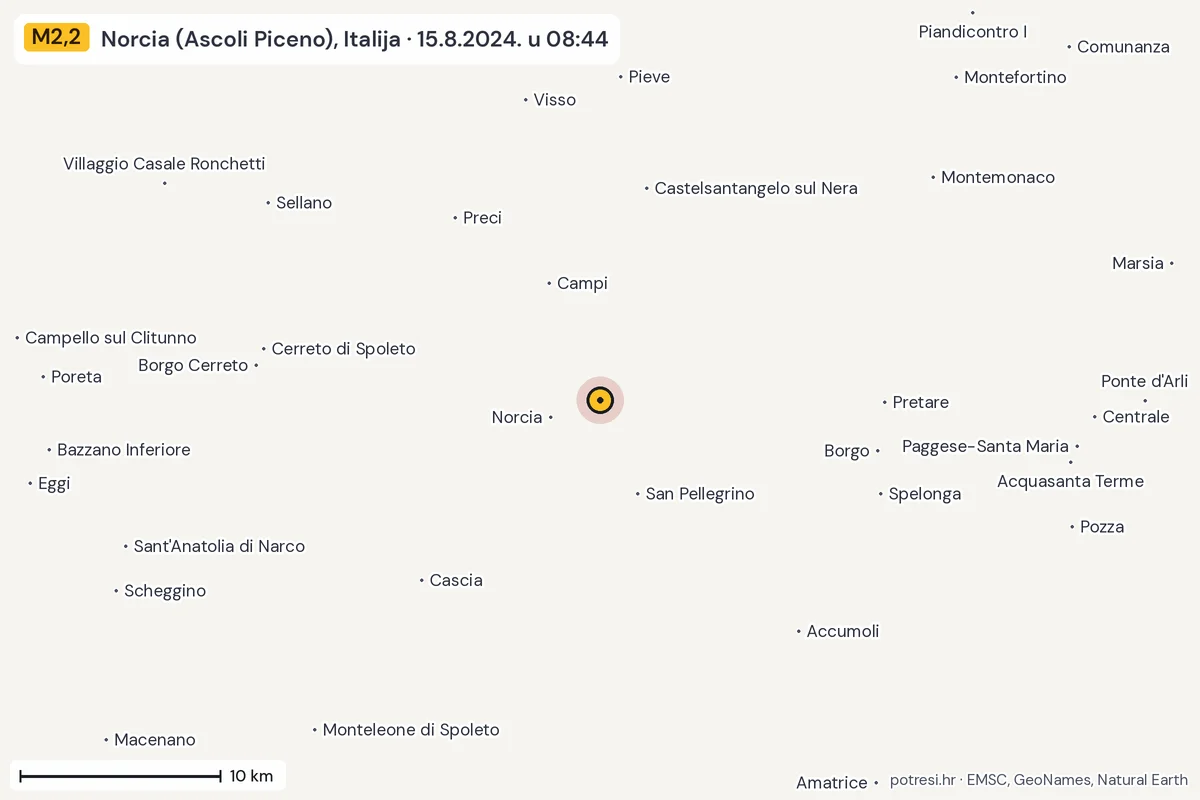 Karta: okolica epicentra, 60 km, potres M2,2, Norcia (Ascoli Piceno), Italija, 15.8.2024.
