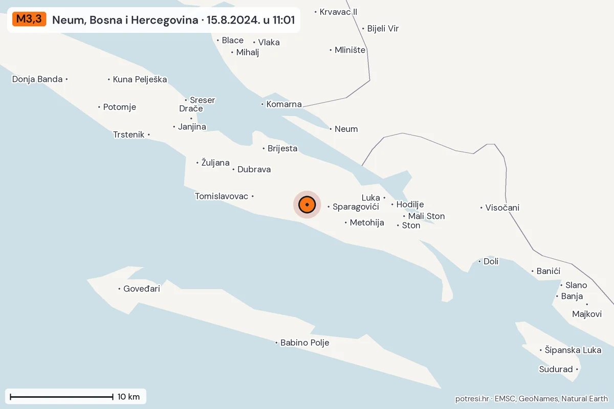 Karta: okolica epicentra, 60 km, potres M3,3, Neum, Bosna i Hercegovina, 15.8.2024.