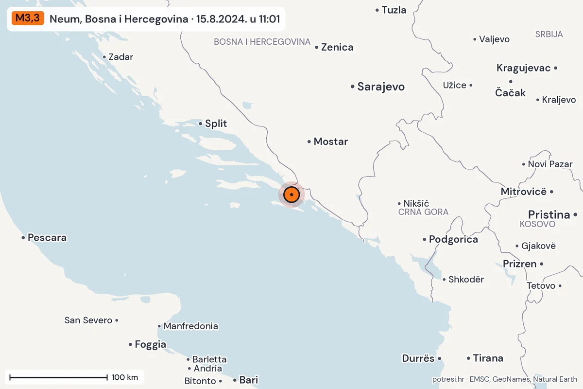 Karta: šire područje, 600 km, potres M3,3, Neum, Bosna i Hercegovina, 15.8.2024.