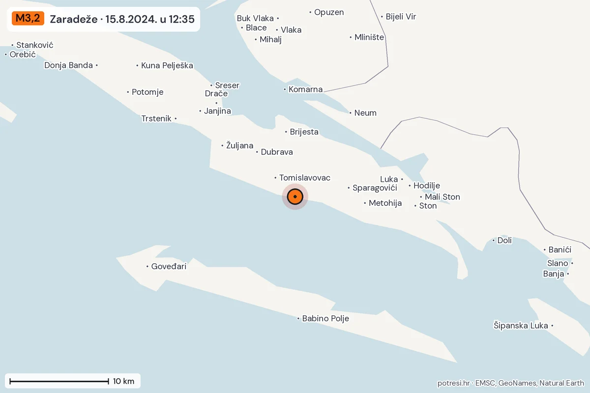 Karta: okolica epicentra, 60 km, potres M3,2, Zaradeže, 15.8.2024.