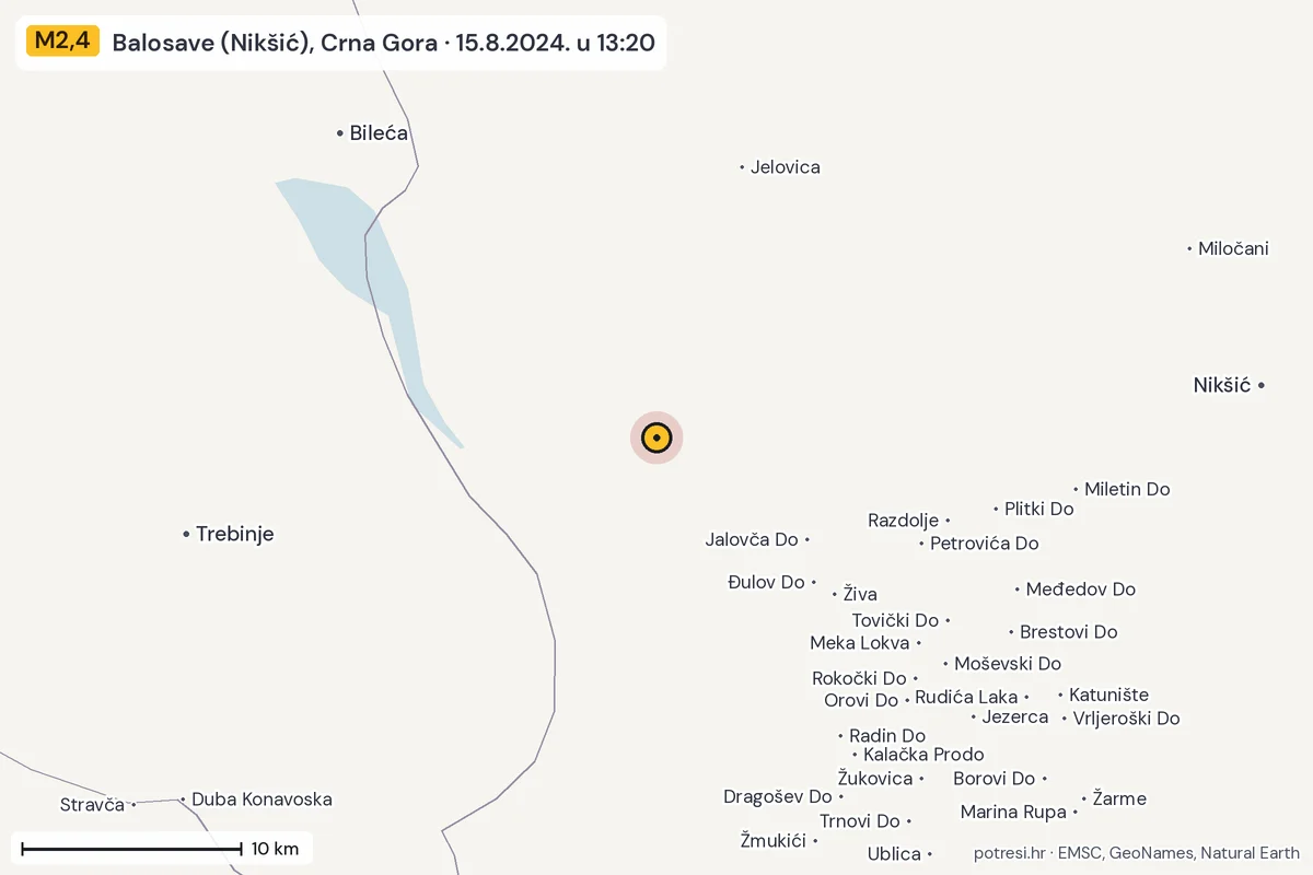 Karta: okolica epicentra, 60 km, potres M2,4, Balosave (Nikšić), Crna Gora, 15.8.2024.