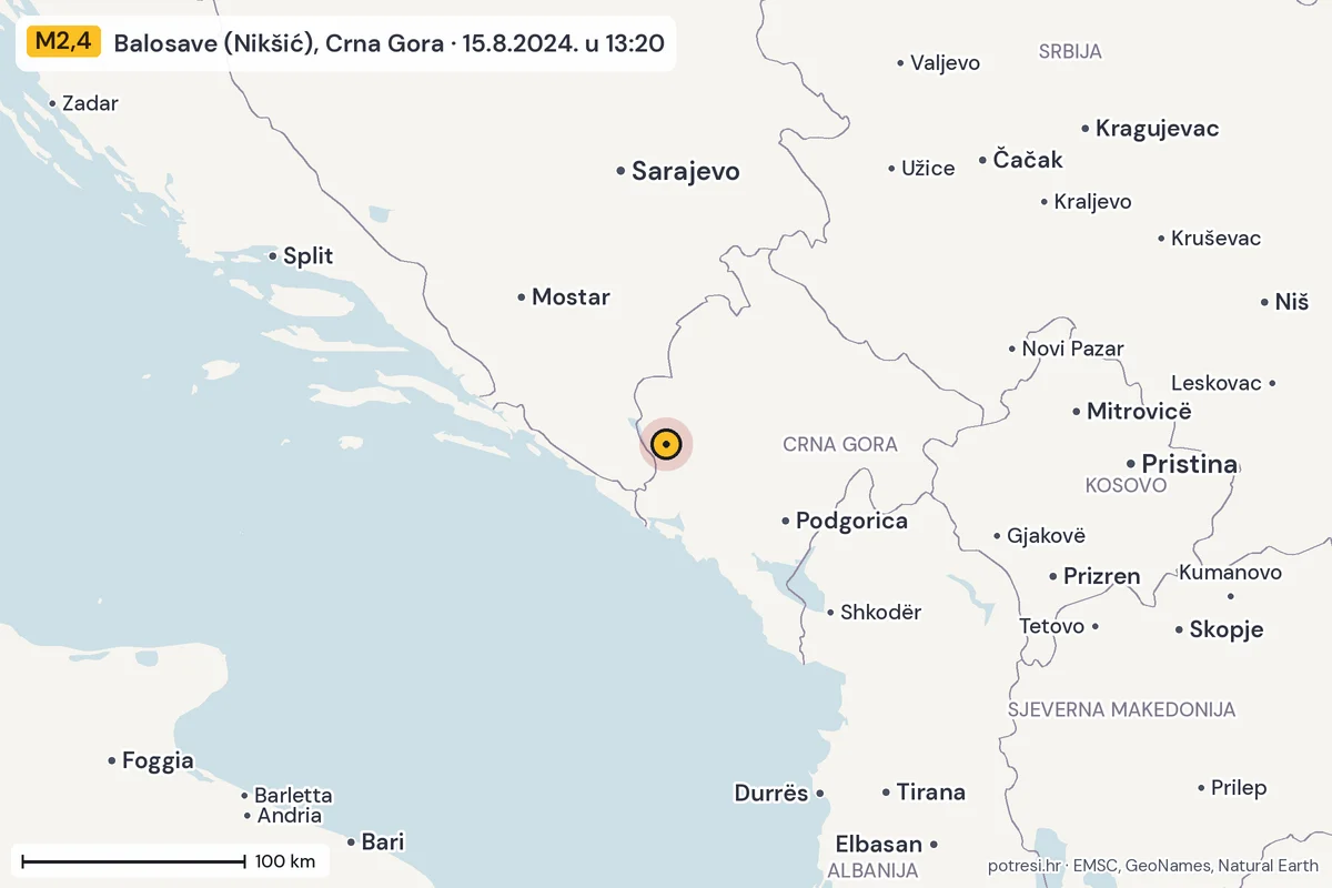 Karta: šire područje, 600 km, potres M2,4, Balosave (Nikšić), Crna Gora, 15.8.2024.