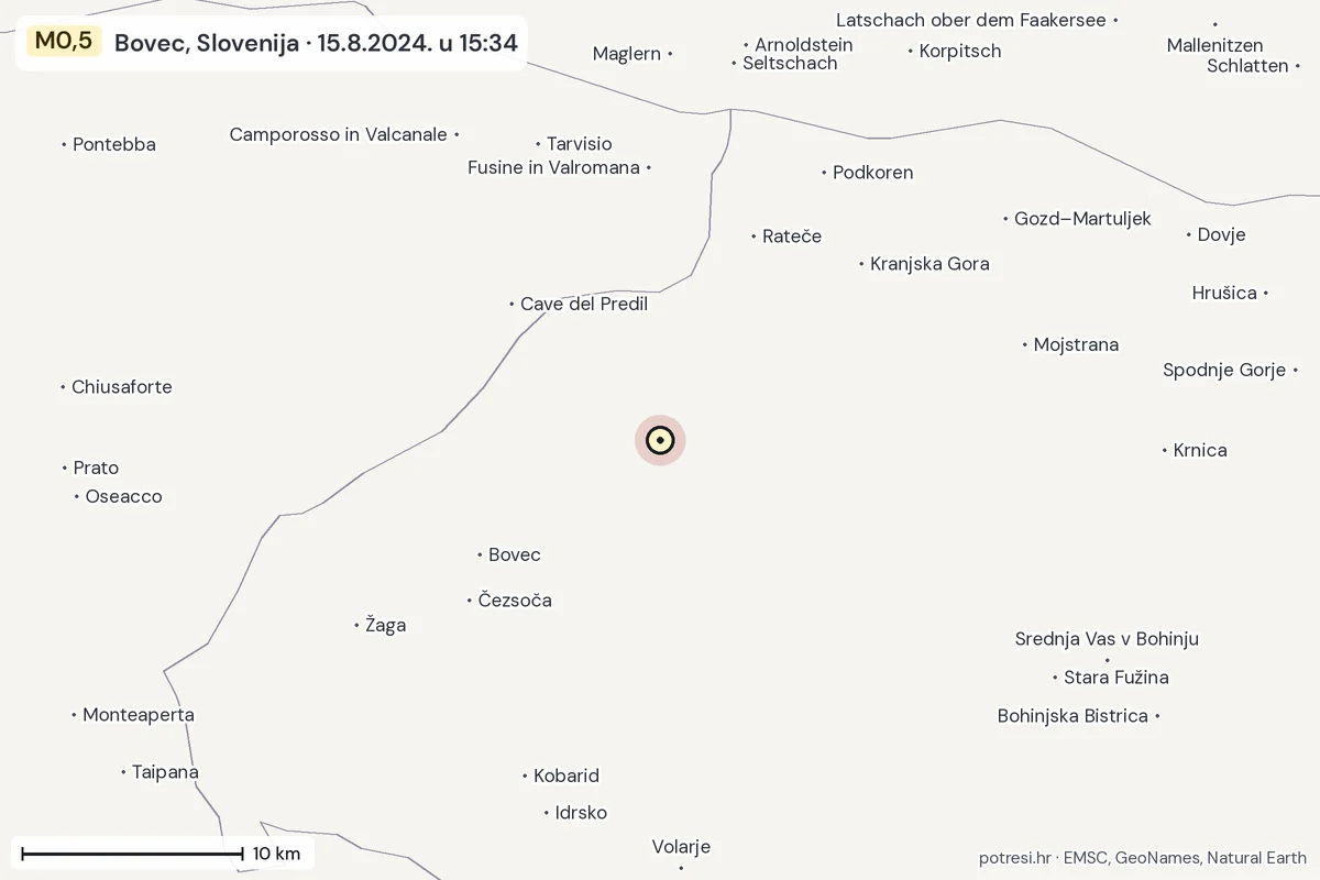 Karta: okolica epicentra, 60 km, potres M0,5, Bovec, Slovenija, 15.8.2024.