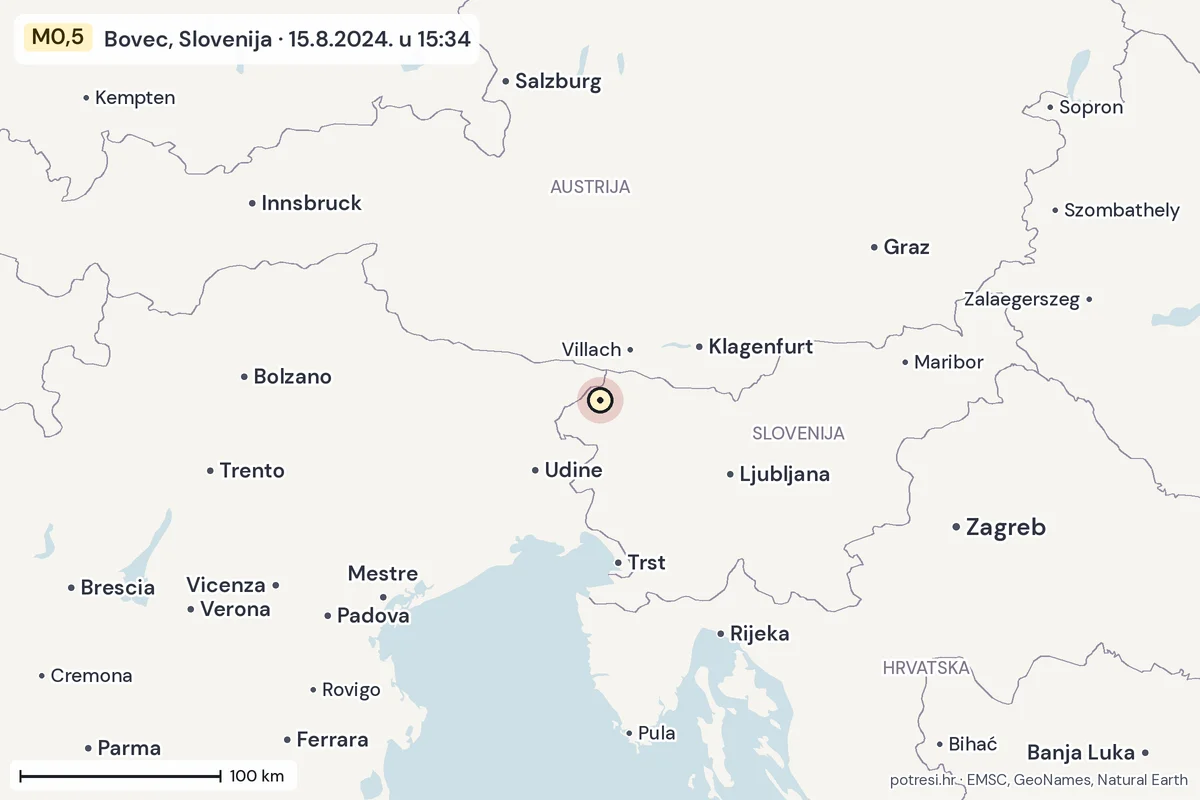 Karta: šire područje, 600 km, potres M0,5, Bovec, Slovenija, 15.8.2024.