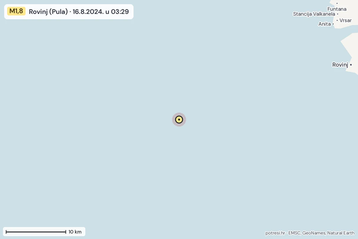 Karta: okolica epicentra, 60 km, potres M1,8, Rovinj (Pula), 16.8.2024.