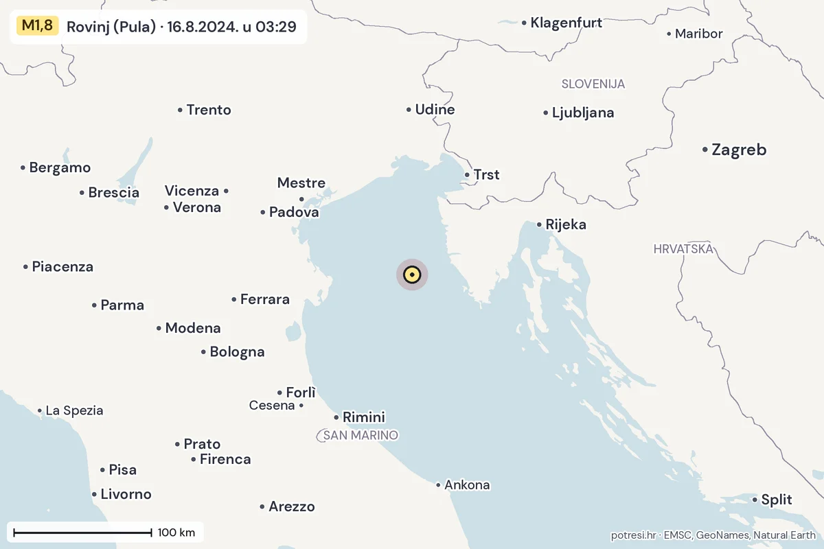 Karta: šire područje, 600 km, potres M1,8, Rovinj (Pula), 16.8.2024.