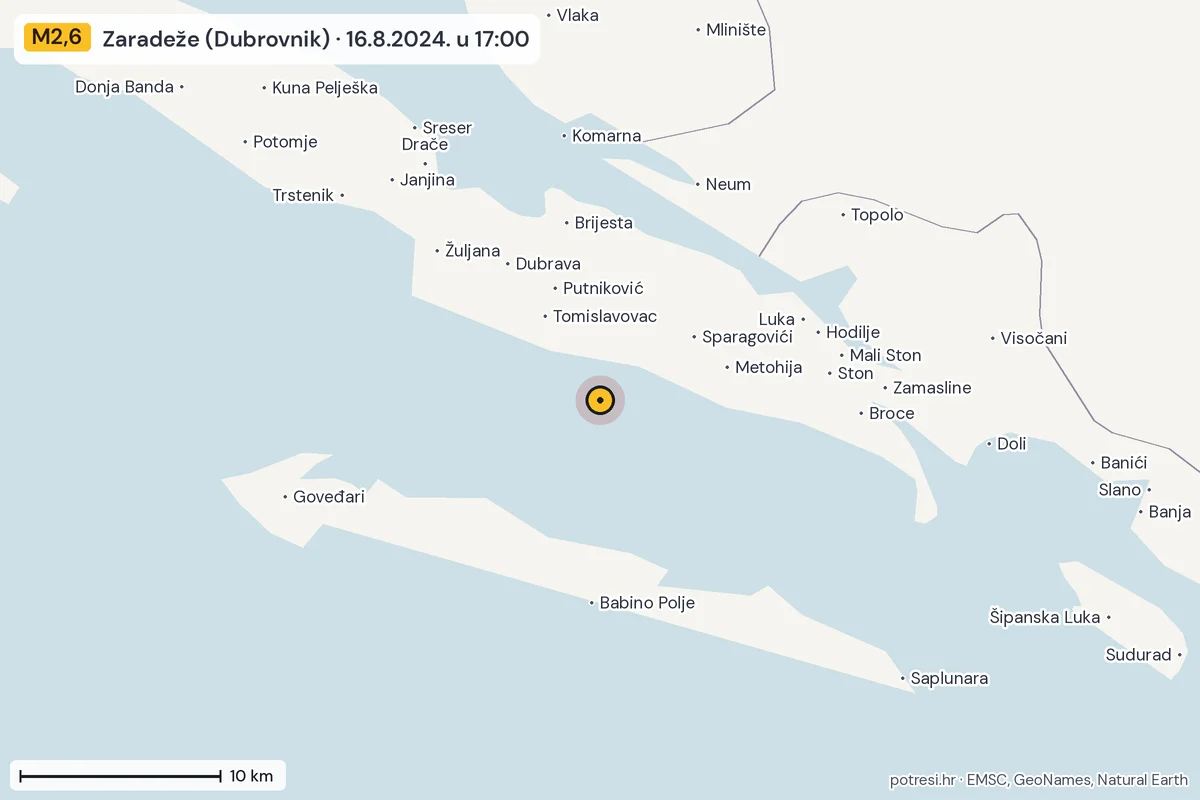 Karta: okolica epicentra, 60 km, potres M2,6, Zaradeže (Dubrovnik), 16.8.2024.
