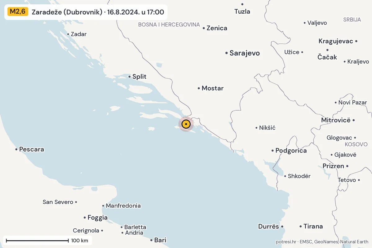Karta: šire područje, 600 km, potres M2,6, Zaradeže (Dubrovnik), 16.8.2024.