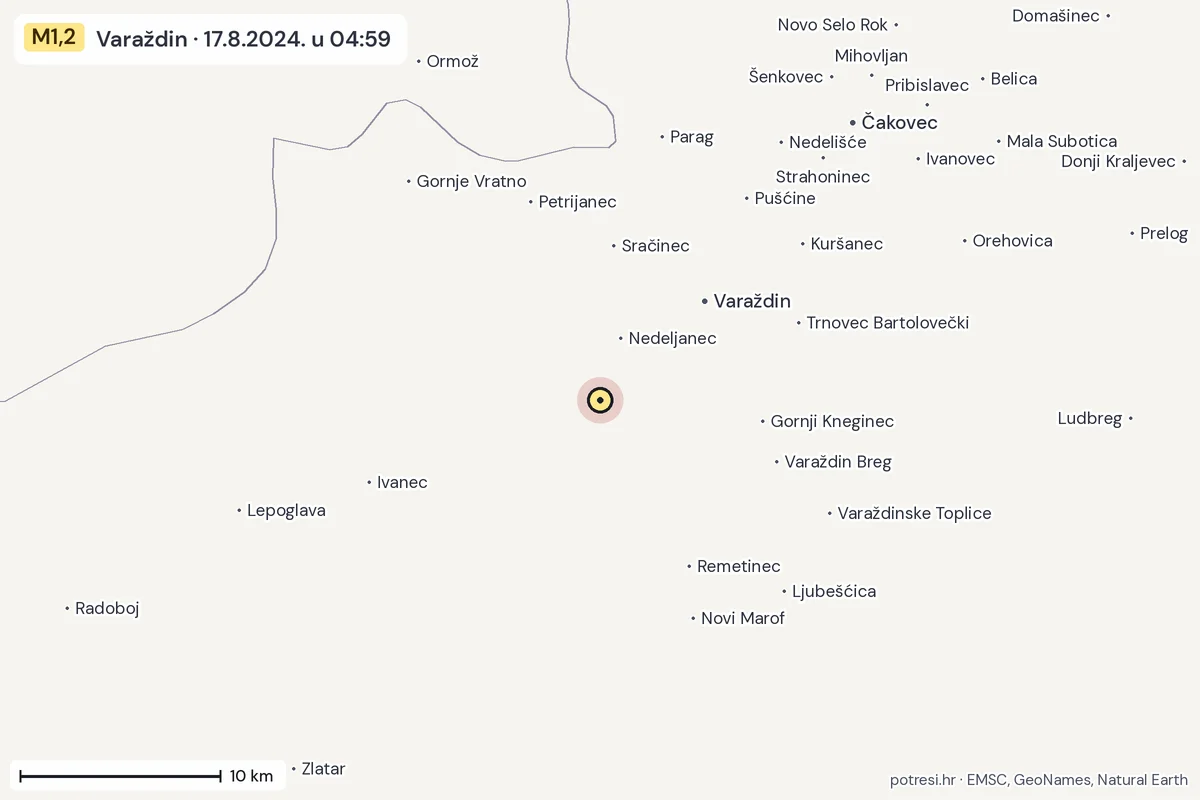 Karta: okolica epicentra, 60 km, potres M1,2, Varaždin, 17.8.2024.