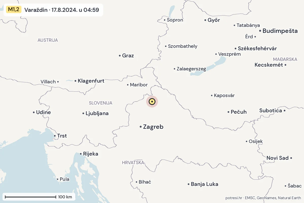 Karta: šire područje, 600 km, potres M1,2, Varaždin, 17.8.2024.