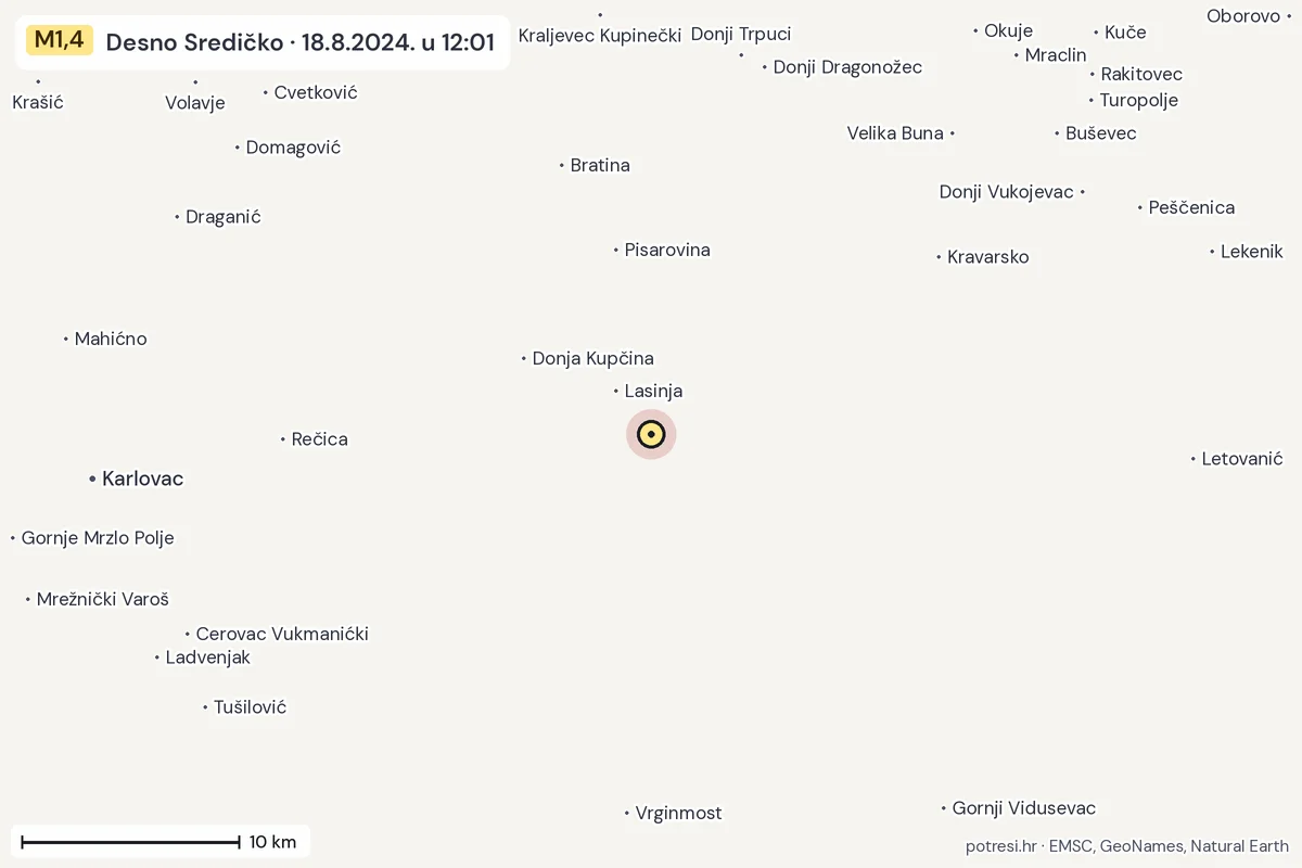 Karta: okolica epicentra, 60 km, potres M1,4, Desno Sredičko, 18.8.2024.
