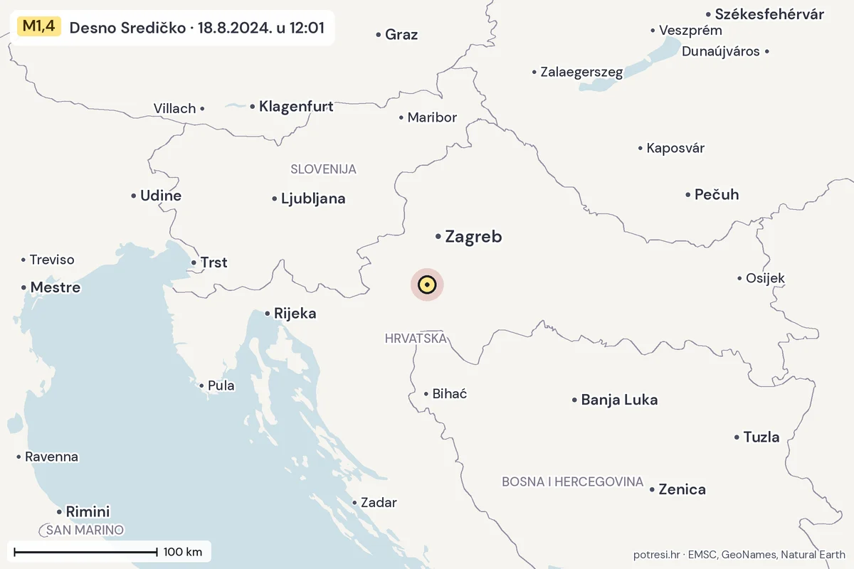 Karta: šire područje, 600 km, potres M1,4, Desno Sredičko, 18.8.2024.