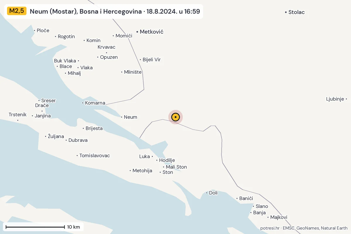 Karta: okolica epicentra, 60 km, potres M2,5, Neum (Mostar), Bosna i Hercegovina, 18.8.2024.
