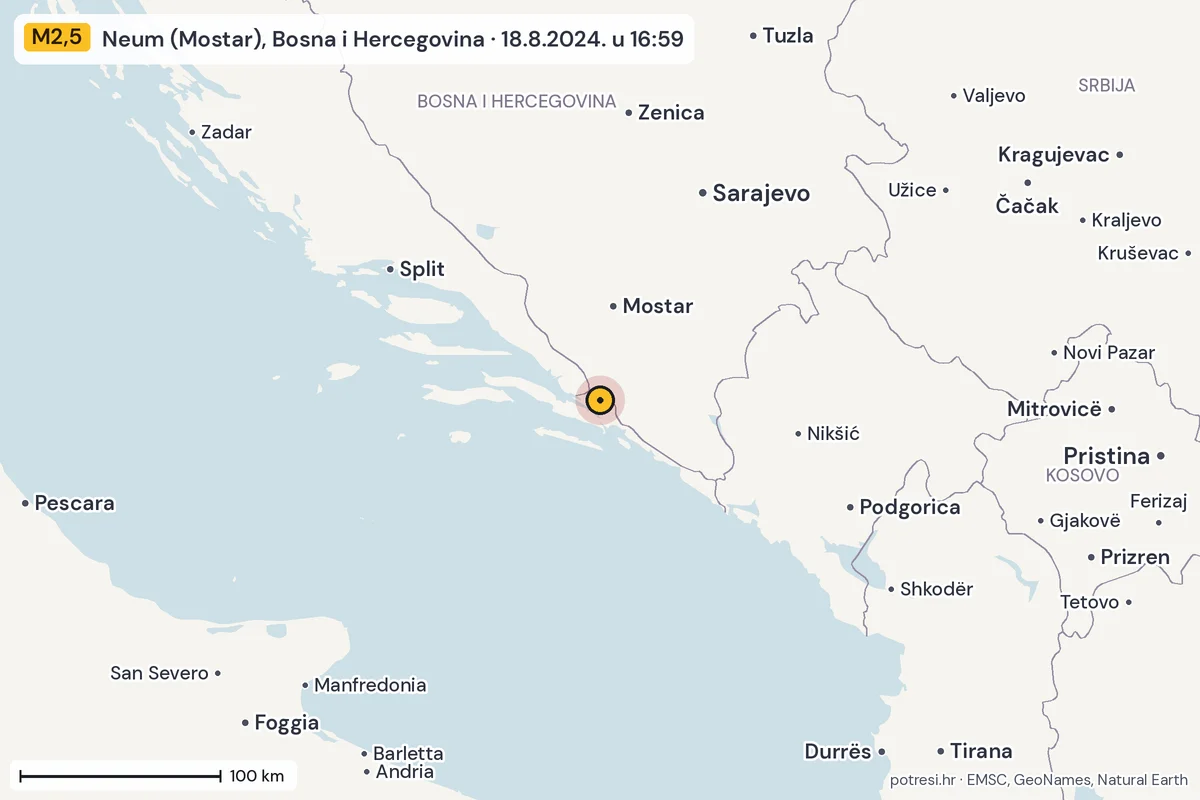 Karta: šire područje, 600 km, potres M2,5, Neum (Mostar), Bosna i Hercegovina, 18.8.2024.