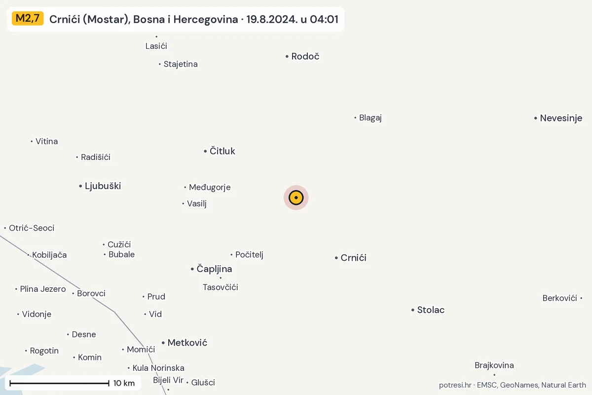 Karta: okolica epicentra, 60 km, potres M2,7, Crnići (Mostar), Bosna i Hercegovina, 19.8.2024.