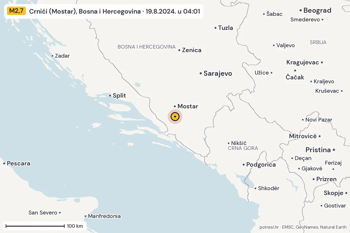 Karta: šire područje, 600 km, potres M2,7, Crnići (Mostar), Bosna i Hercegovina, 19.8.2024.