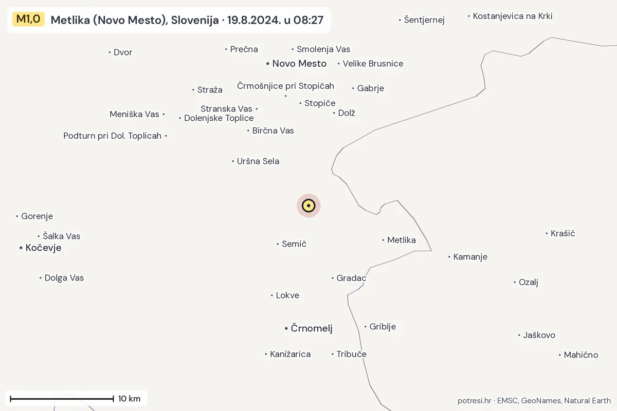 Karta: okolica epicentra, 60 km, potres M1,0, Metlika (Novo Mesto), Slovenija, 19.8.2024.