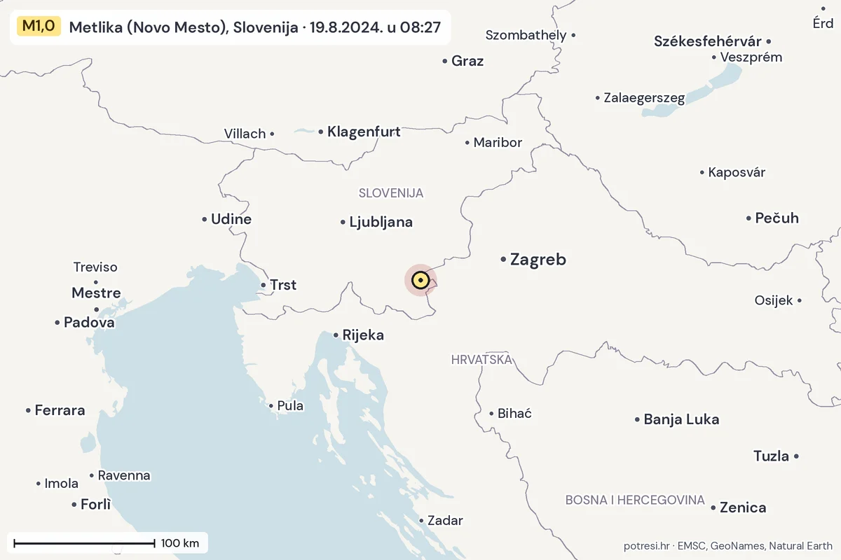 Karta: šire područje, 600 km, potres M1,0, Metlika (Novo Mesto), Slovenija, 19.8.2024.