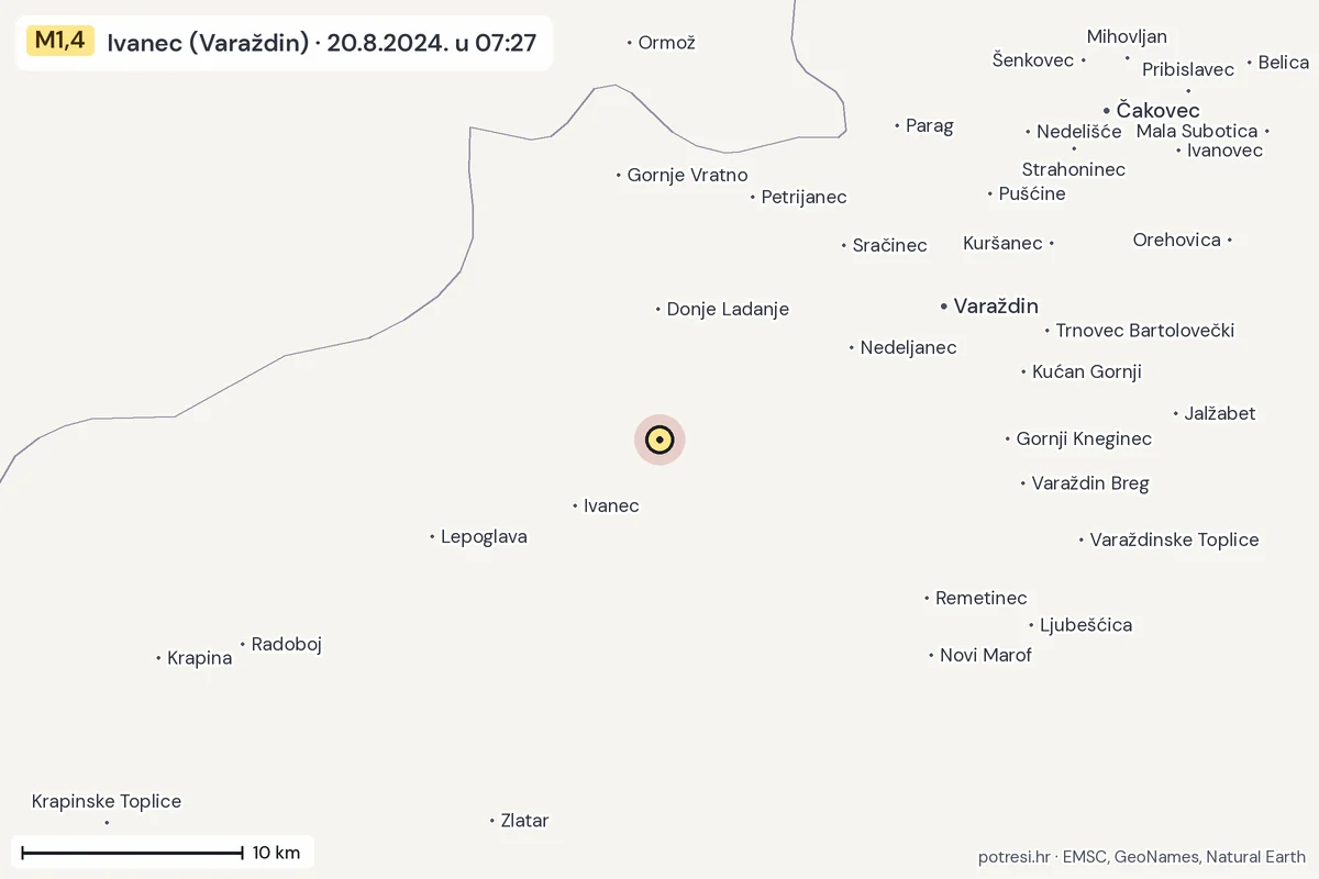 Karta: okolica epicentra, 60 km, potres M1,4, Ivanec (Varaždin), 20.8.2024.