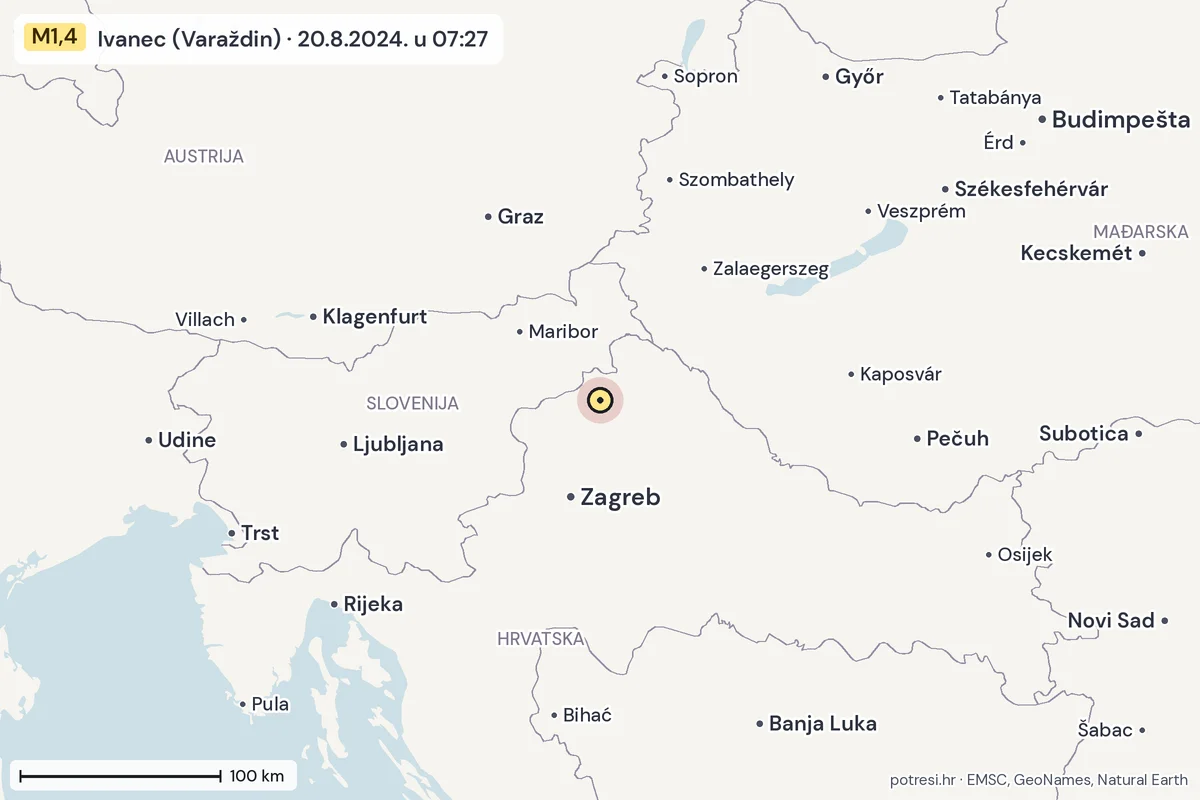 Karta: šire područje, 600 km, potres M1,4, Ivanec (Varaždin), 20.8.2024.