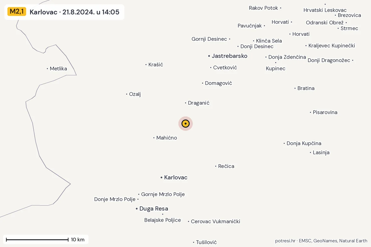 Karta: okolica epicentra, 60 km, potres M2,1, Karlovac, 21.8.2024.