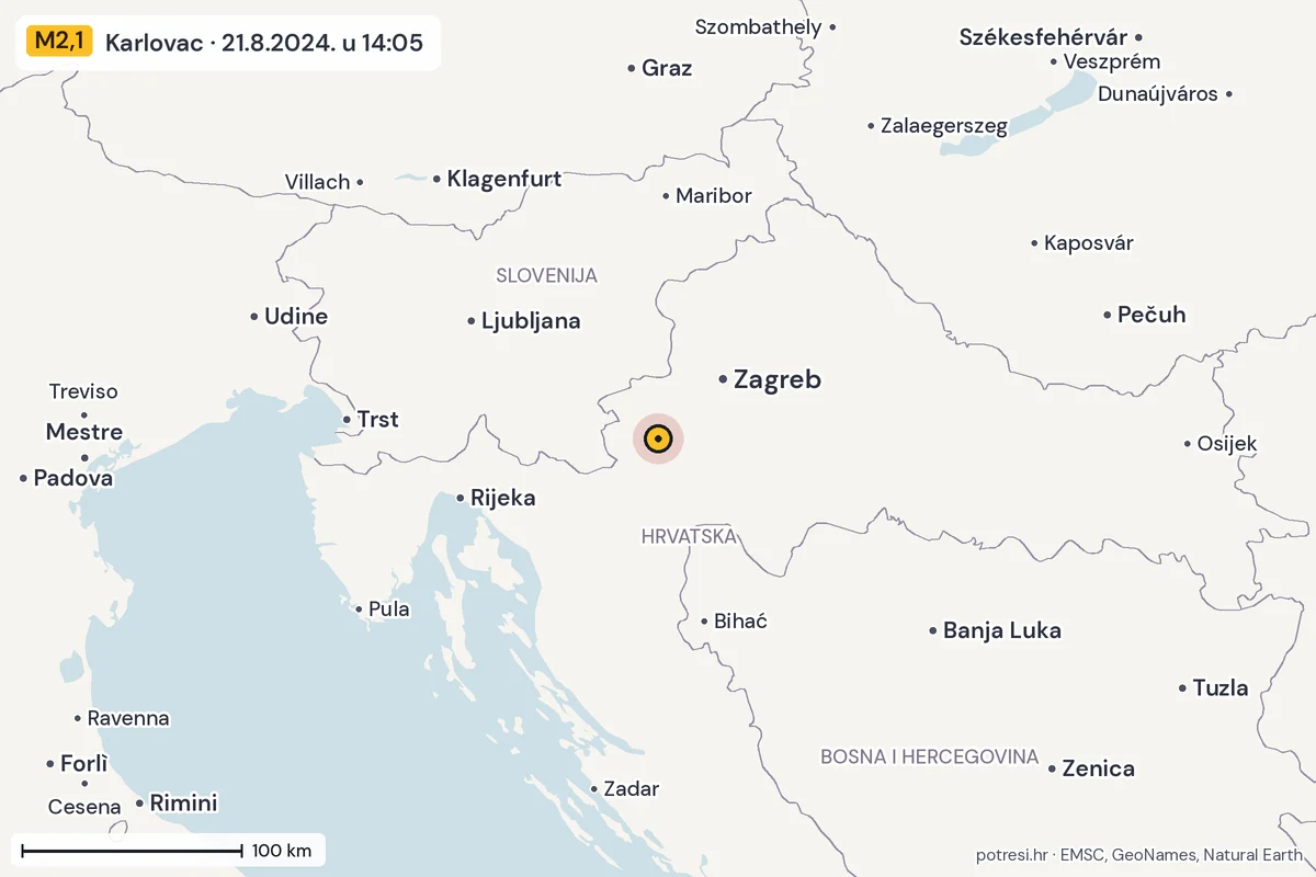 Karta: šire područje, 600 km, potres M2,1, Karlovac, 21.8.2024.
